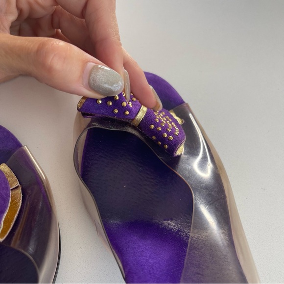 Vintage Onex Purple Gold Clear Studded Bow Retro Slingback Heels 80s 90s Size 9 - Picture 10 of 10